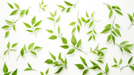 Fototapeta premium Fresh green leaves scattered on white background