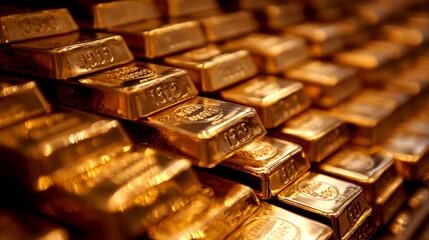 A close view of stacked gold bars showcasing their rich color and intricate details, symbolizing wealth and prosperity.