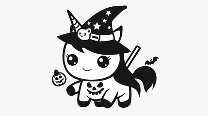 Adorable unicorn with a witch hat, sitting beside a pumpkin.