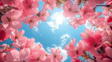 Fototapeta premium Beautiful image of a blooming garden in spring, with open sky above for text, suitable for nature-themed promotions.