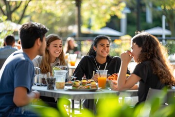 Freshmen Students Enjoying a Casual Outdoor Lunch on Campus with Fresh Food and Drinks