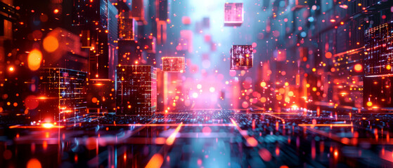 Fototapeta premium A vibrant digital cityscape with glowing lights and abstract shapes, representing a futuristic technological environment.