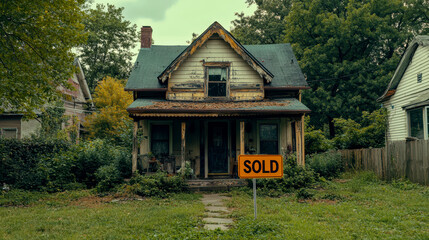 An abandoned house with a 'Sold' sign, showcasing the contrast of decay and new beginnings in real estate.