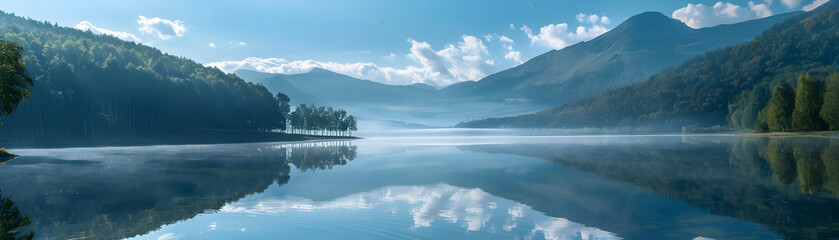 Serene Mountain Lake with Foggy Reflections - Photo