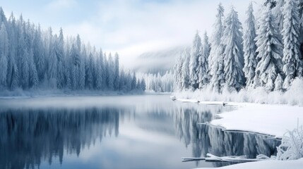 Frozen lake surrounded by snow-capped trees in a winter wonderland