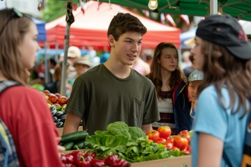 High School Graduates at Farmers' Market Discussing College Plans and Buying Fresh Produce