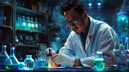 A resolute Chinese scientist conducting an experiment in a lab