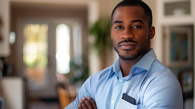 Wearing a company uniform and ID badge, looking professional and approachable. Photos of a strong African-American man working for a cleaning company