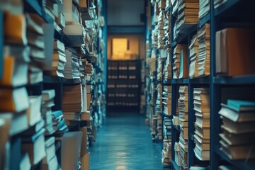 Stacks of Books on Blue Shelves in a Library or Archive
