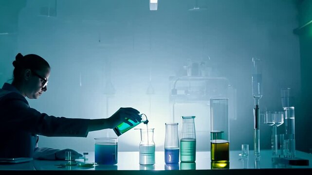 Scientist Pouring Liquid Into Beakers in Modern Laboratory Setting Generative AI