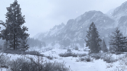 겨울 함박눈이 내리는 깊은 산 속 안의 우거진 나무들