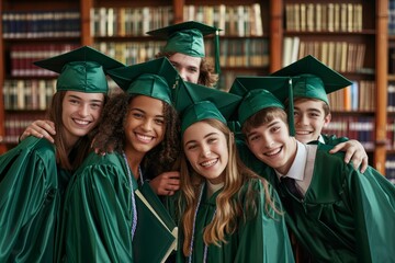 High School Graduates Celebrating Enrollments in Library with College Apparel and Graduation Gowns