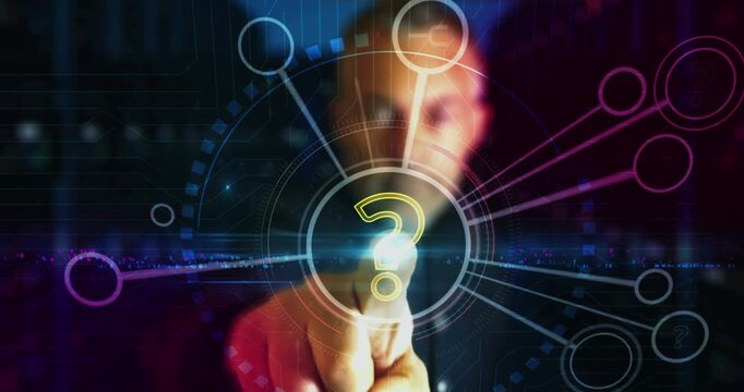 Question mark help and quiz symbol digital abstract 3d concept. Finger touch screen. Cyber technology and network background. Man pushes computer display.