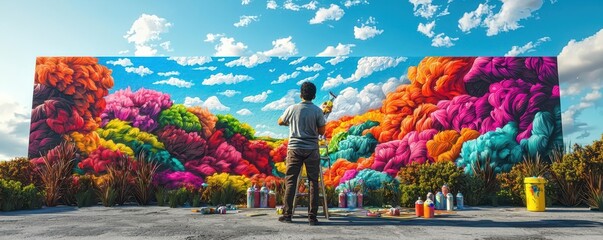 Artist painting a vibrant mural depicting climate change solutions, artistic activism, creative expression for environmental awareness
