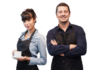 Smiling Caucasian barista couple love partnership is wearing apron and holding a cup of hot coffee portrait. Start up for small cafe and coffee shop business 