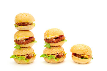Cheeseburger, beef, chicken, pork, hamburger, ketchup, onions. Delicious food isolated on white background.
