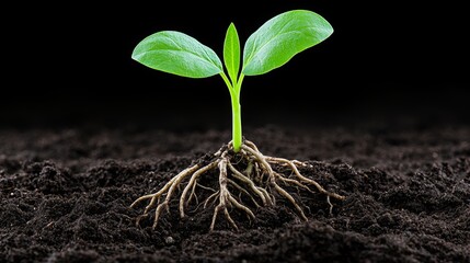 close-up of a young plant with roots in soil bright natural light more clarity with clear light and sharp focus high detailed