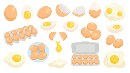 Eggs set. Raw, boiled, whole and sliced, peeled and broken eggs. Scrambled eggs, omelette, yolks, eggshell, egg carton box isolated on white background. Poultry farming theme. Flat Vector illustration