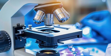 Close-up view of a modern microscope in a laboratory setting, ideal for scientific research and academic projects.