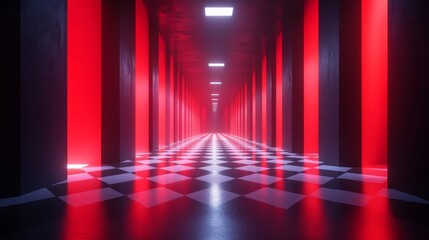 A long red hallway with black pillars and a checkered floor