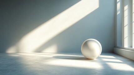A white ball is sitting in the middle of a room with a window behind it