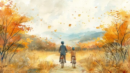 Fototapeta premium A whimsical pencil-colored illustration of a young boy exploring a magical garden, where giant flowers and friendly insects create an enchanting atmosphere.