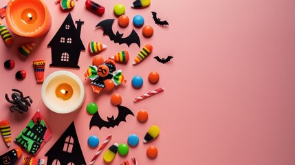 Halloween-themed flat lay with haunted house silhouettes, candles and candies. Pastel pink background with big copy space.