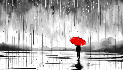 minimalist abstract surreal woman black and white red umbrella rain room for copy background wallpaper