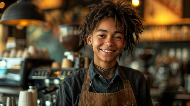 Smiling young barista with dreadlocks working in a cozy, ambient coffee shop