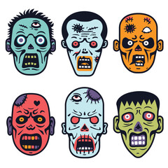 Frightening zombie cartoon faces graphic grotesque expressions. Spooky Halloween character illustrations undead heads scars, stitches, ghastly features isolated white background. Creepy monster