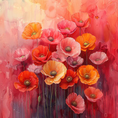 A vibrant array of poppy flowers in shades of red, pink, and orange. Watercolor background with a mix of warm colors. Concept of nature's beauty