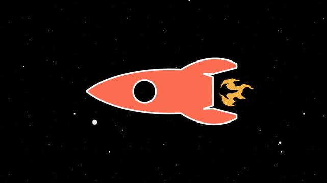 Animation of rocket logo and fire sliding horizontally with a star-filled outer space background