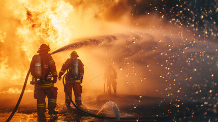 Firefighters battling a blaze with water hoses in a smoky scene. 