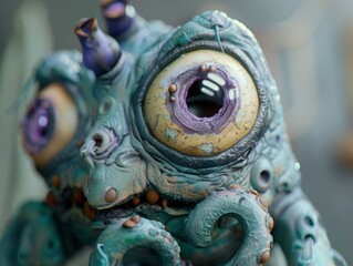 Fototapeta premium Medium shot of One eye cartoon creature with spiral-shaped purple pupil and tentacles. 