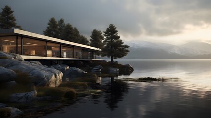 Modern Lakeside Cabin with Scenic View of Water and Forest