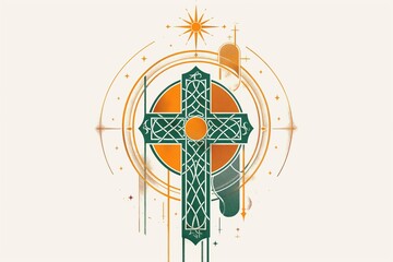 A Celtic cross with a golden halo against a light beige background.
