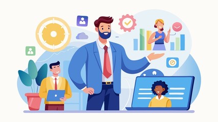 A businessman showcasing a virtual human icon. It signifies the crucial role of HR in developing talent, implementing strategic recruitment methods, and building a workforce equipped for the future.