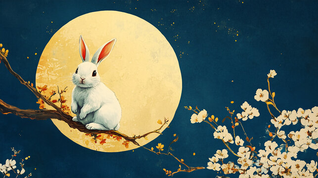 Chuseok, a vintage Autumnal Korean holiday template with an adorable rabbit and a full moon in the night sky, with a serene and warm feel, for Korean Thanksgiving Day, the Asian Mid Autumn festival