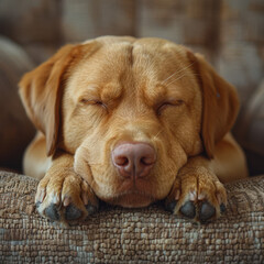 Adorable brown dog sleeping peacefully on a fabric couch. Close-up shot with a soft focus background. Concept of relaxation and comfort