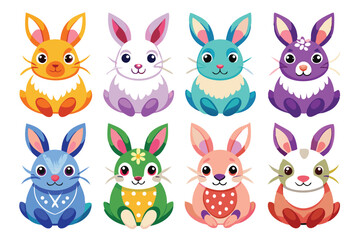 Fototapeta premium Eight Colorful Cartoon Rabbits Sitting on White Background
