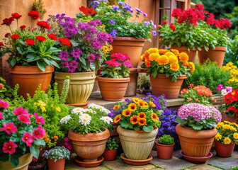 Vibrant potted blooms in a variety of colors and species overflow from terra cotta planters, ready to add charm and beauty to any outdoor setting.