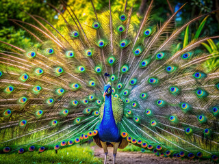 Obraz premium Vibrant male peacock spreads stunning iridescent feathers in a lush green garden, showcasing vibrant blues, emerald greens, and gold hues in majestic natural surroundings.