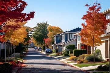 Naklejka premium a serene suburban street featuring modern homes in autumn with colorful plants