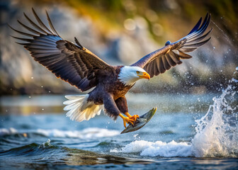 Obraz premium A bald eagle catching a fish from a river, the water splashing around. List of Art Media Minimalist realistic