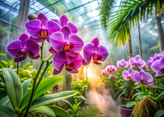 Vibrant purple orchid flowers bloom in a lush, tropical greenhouse setting, surrounded by lush greenery, soft natural light, and misty atmosphere.