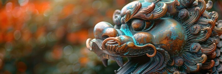 Fototapeta premium Close-up of a traditional Chinese dragon statue with intricate details and vibrant colors, evoking ancient cultural symbolism and artistry.