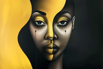 A close-up portrait of a Black woman with bold makeup and a yellow background, her face is painted with gold and black.