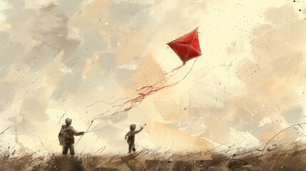 A heartwarming pencil-colored illustration of a young boy and his father flying a kite on a windy day, with the kite soaring high in the sky and a sense of freedom and excitement.