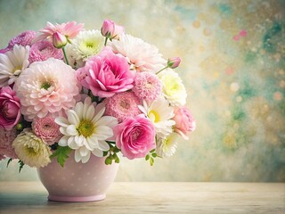 Obraz premium Vibrant pastel pink and white floral arrangement on a soft, textured background with ample copy space, perfect for Mother's Day greeting cards, ads, and promotional materials.