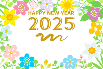 2025年　巳年　年賀状　添書き付き - 蛇と春の花のフレーム